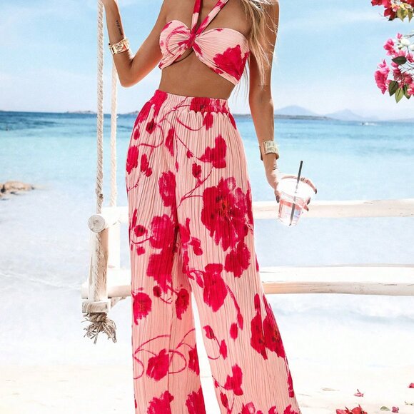 Pink Boho Women's Pleated Crop Top w/Halter Neckline & High Waist Wide Leg Pants - Picture 5 of 6